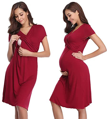 Irdcomps Chemise de Nuit Allaitement Coton Chemise Nuit Maternité Femme Robe Patineuse Maternité d'allaitement Robes Vêtements Grossesse Allaitement Pyjama à Manches Courtes Vin Rouge XL