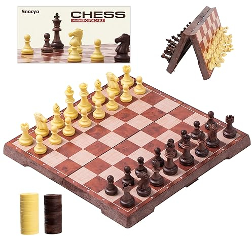 Snocyo Chess Set and Draughts, 2 IN 1 Folding Chess Board Set, Magnetic Chess Pieces, Portable Travel Chess Set Board Games, Educational Toys Gifts for Adults, 31 * 31cm