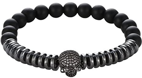 Armband Perlen Herren, Armband Herren Perlen Schwarz Zirkonia Legierung Zwei Arten Von Perlen mit Totenkopf Perlenarmbänder 19cmx8mm