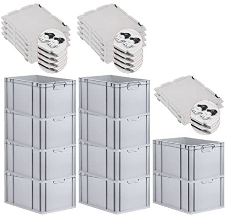 PROREGAL SuperSparSet 10x Eurobox NextGen Grip mit Scharnierdeckel und schwarzen Schiebeschnappverschlüssen, HxBxT 32x40x60cm, 65 L, Grau, Griffe geschlossen, Eurobehälter, Transportbox