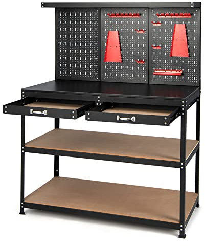 TANGZON Workbench with Pegboards, Heavy Duty Steel Frame Work Bench with 14/25 Hanging Accessories, Industrial Worktop Tool Storage Station Unit for Garage Workshop (121 x 61 x 156cm, with 2 Drawers)