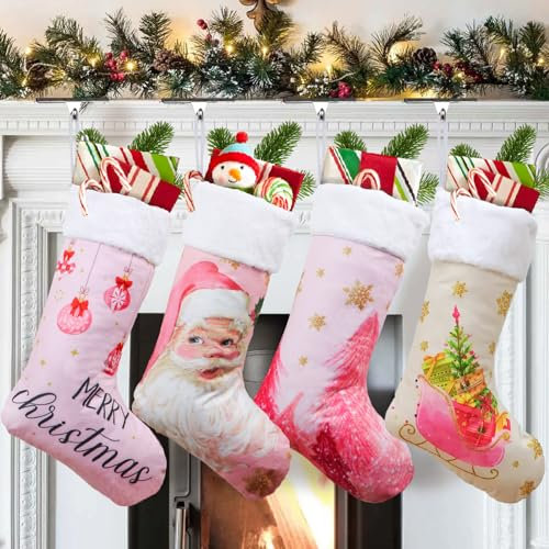 OurWarm Weihnachtsstrümpfe, 45,7 cm, rosa Weihnachtsstrumpf mit Weihnachtsmann, Weihnachtsbaum, niedliche Muster, weiße Plüschmanschette, Familienstrümpfe, Halter, Ornament für Kinder, Mädchen,