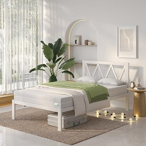 Novilla Cadre de lit Plateforme en métal pour Matelas de 90 x 190 cm, Hauteur de Rangement sous Le lit 30.5cm, Support à Lattes en Bois, Pas Besoin de sommier, Assemblage Facile, Blanc