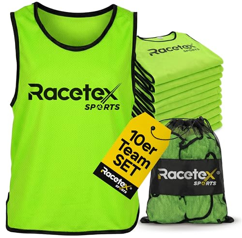 Racetex Leibchen Fussball Kinder und Herren 10er Set – Leibchen Fussball Herren und Damen – Leibchen Kinder mit atmungsaktives Mesh, leuchtende Farbe inkl. Netzbeutel für mühelose Mitnahme