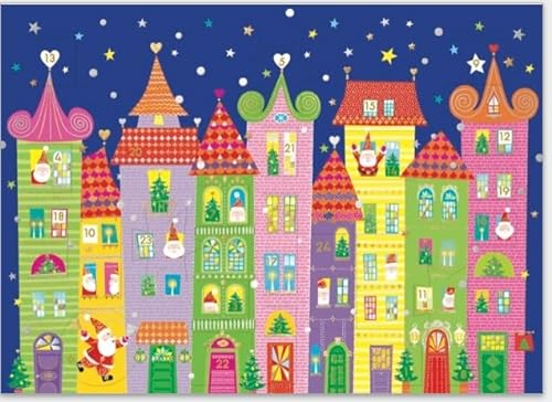 Mini Adventskalender als Karte zur Weihnachten - hochwertige Grußkarte mit 24 Türchen, inkl. goldenem Umschlag (Stadt bei Nacht)