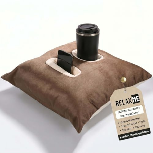 Nurtextil24 Relax ME Kissen Getränkehalter Sofakissen 40x40 cm BraunBeige | Multifunktional Allzweckkissen -Tablett & Getränkebehälter- Tolles Geschenk Idee - Sofakissen, Kopfkissen, Reisekissen