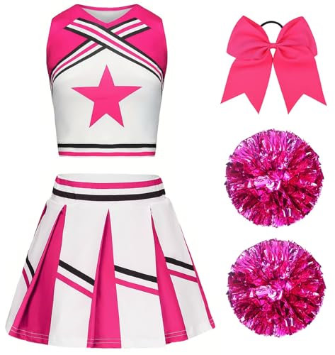XFOZDM Cheerleader Kostüm Kinder Cheerleader Kostüm Kleid Mädchen Cheer Uniform mit Pompoms und Kopfschmuck Cheerleading Outfit Kinder für Faschingskostüme Halloween Karneval Rosa 150