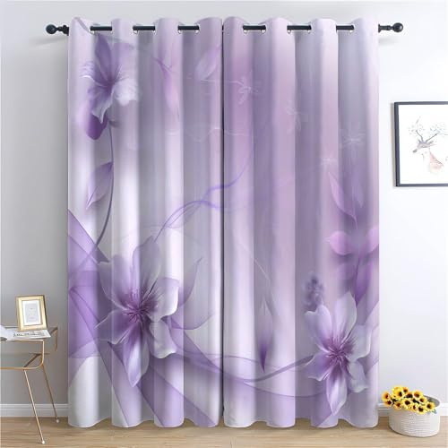 CozyRest kids Curtains - Lilac Flowers Design Eyelet Thermal & Room Darkening Blackout Window Drapes for Bedroom Living Room 2 Panels 92 x 72 in