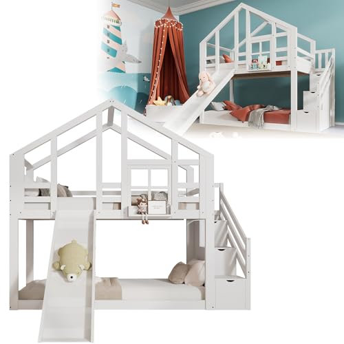 Qiang Letto a Soppalco 90 X 200cm,Letto a Castello Struttura Letto per Bambini con Scala di Stoccaggio a 3 Gradini E Scivolo,capacità di Carico 120Kg (Bianco)