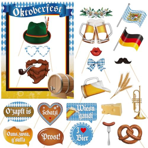 BETESSIN Oktoberfest Fotobox Accessoires - inkl. XXL Fotorahmen und 23x Oktoberfest Foto Requisiten - Bayrische Deko Fotobox Requisiten - Oktoberfest-Party Dekoration