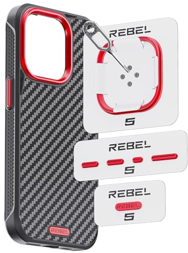 REBEL Aufrüstsatz aus Metall, CNC-Aluminium-Set, Objektivring, Tasten- und Logo-Pack für Hüllen für iPhone 16 Pro Max, 16 Pro, 15 Pro Max, 15 Pro, 14 Pro Max, Flex sowie der 6. und 5. Generation, rot