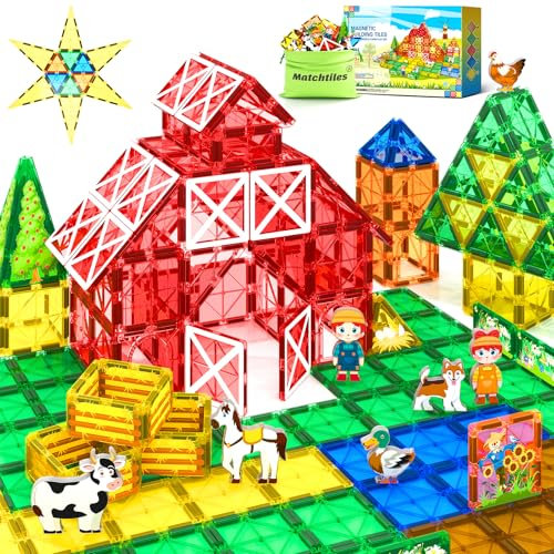 Magnetic Tiles Farm Animals Set, Immersive Storytelling Building Blocks for Toddlers 3-5, 3D Farm House STEM Toys with UV-Printed Realistic Animals, Compatible with All Major Brands
