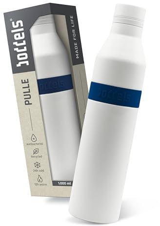 PULLE Edelstahl Trinkflasche 1l - spülmaschinenfest, 100% auslaufsicher, leicht zu reinigen, Kohlensäure geeignet, 24h kalt & 12h warm, recycelter Edelstahl (Weiß/Nachtblau, 1000ml)