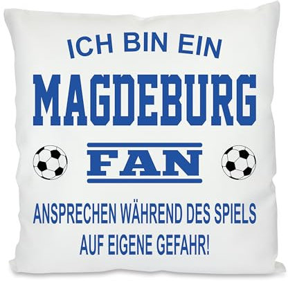 Herzbotschaft Fussball Kissen | Ich Bin EIN Magdeburg Fan - Ansprechen während des Spiels auf eigene Gefahr | Dekokissen für Fußballfans | Hülle und Füllung | 40cm x 40cm | versteckter Reisverschluss