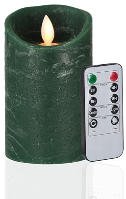 FiiMoo Batteriebetriebene LED Kerze, Grün, Mit Fernbedienung, Flammenlos, Echtwachs, Flackernde Elektrische Kerze Mit Timer für Halloween Weihnachtsdekoration - 15cm