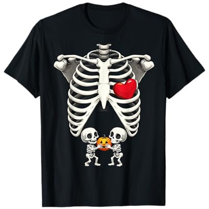 Annonce de grossesse de bébé jumeau Halloween squelette enceinte T-Shirt