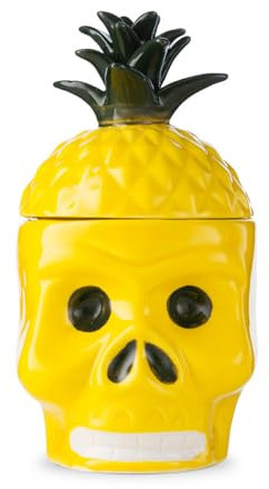 PrimeSaver Tiki Bargläser – Ananas-Tasse mit Deckel – gelber Keramik-Totenkopf – Tiki-Bar-Dekor – 600 ml