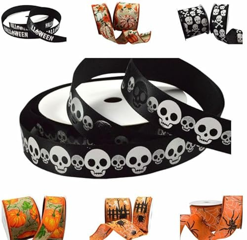 Happy Halloween Ribbon in a Range of Spooky Designs & Sizes - for Gift Wrapping, Decoration, Party Etc (Black Skull, 5 Metres x 15mm)