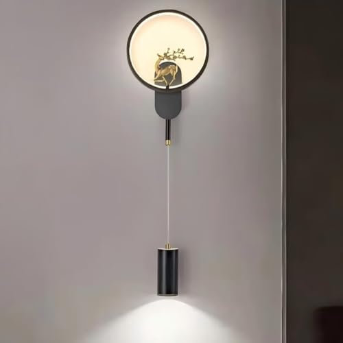 AstrizLamp LED Kreis Wandleuchte Innen, Modern Nordisch Schlafzimmer Wandlampe Schwarz Sika Hirsch Dekoration Design Wandleuchten Indirekte 3 Lichtfarbe Kreativ leselampe für Wohnzimmer Bad Flur