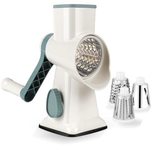 Gaethra Rallador de queso con manivela, cortador de verduras, 3 cuchillas intercambiables de acero inoxidable, rallador manual, cortador de verduras, ideal para pepinos, nueces de queso, zanahorias,