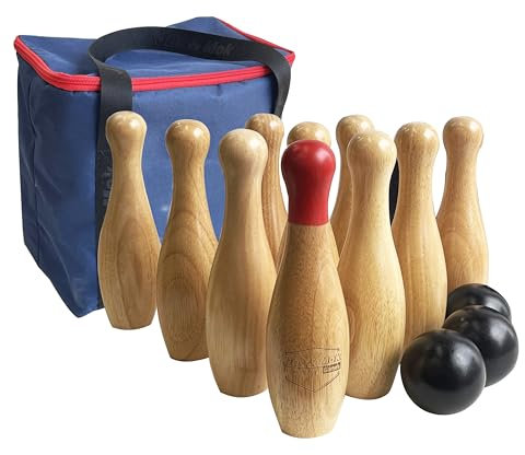 Wooden Bowling Game Throwing Bottles Outdoor Lawn Game for Family Pins Game Set with Carring Bag (H 26cm, 10 pins+3 balls)