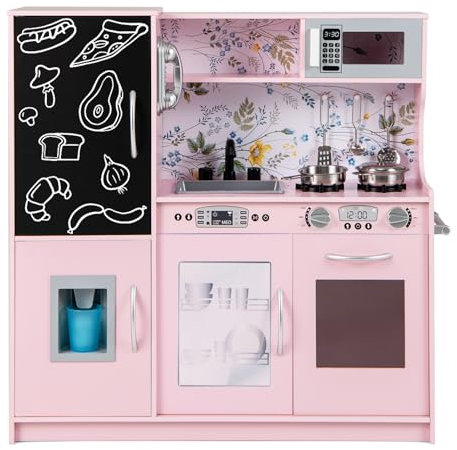 RELAX4LIFE Cucina Giocattolo per Bambini, Gioco Cucina in Legno con Frigo con Lavagna, Microonde, Forno, Macchina per il Ghiaccio, Mini Cucina per Bambini 3-6 Anni (Rosa Chiaro, 82 x 24 x 80 cm)
