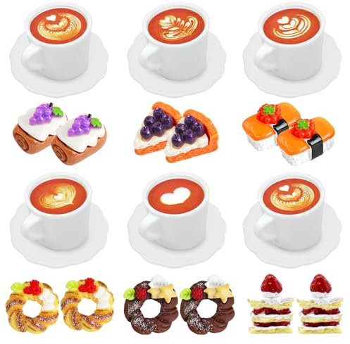 Alovez 24 Stück Mini Food, Miniatur Puppenhaus Lebensmittel Set, Wichtel Essen, Miniatur Lebensmittel Kaffeetasse Kuchen Dessert, Miniatur Zubehör für Miniküche, DIY-Mikrolandschaft, Mini-Teeparty