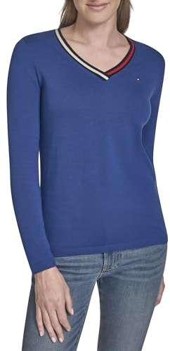 Tommy Hilfiger Women's Solid Long Sleeve V-Neck Cotton Sweater, True Blue Multi, L