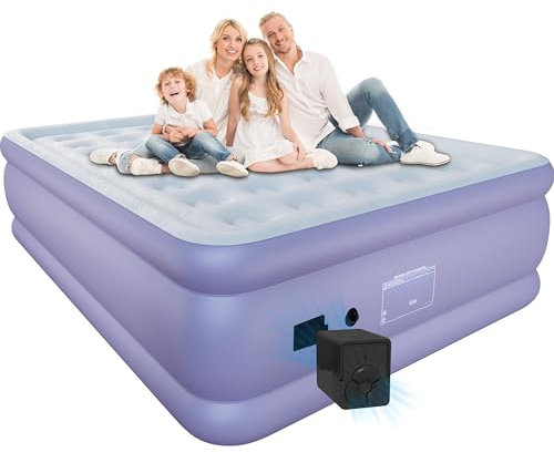 HikerSKY King Air Mattress Self-Inflates in 3 Minutes with Battery-Powered Pump, Air Mattress King Size with Flocked Dutch Velvet Surface Air Bed for Home, Guests, Camping, Purple, 204x153x55cm