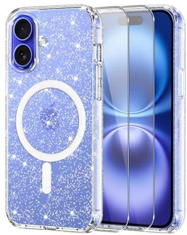Knrlqim Glitzer Hülle für iPhone 16, Magnetische Kompatibel mit MagSafe | Transparent TPU Bling Handyhülle, mit 2x 9H Schutz Glas, Stoßfest Kratzfest Funkelnd Case für iPhone 16, Anti-Gelbstich