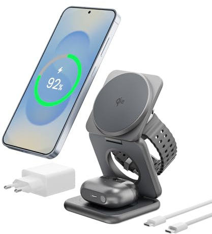 KU XIU Qi2 3-in-1 Caricatore Wireless per Samsung, 15W Magnetica Stazione di Ricarica per Galaxy S25, Z Fold7, Ricarica Rapido da Viaggio per Galaxy Watch, per Galaxy Buds (Adattatore 45W Incluso)