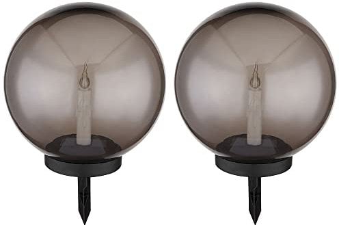 GLOBO Kugel Solarleuchten für den Garten rund LED Solar Kerze Feuereffekt Gartenleuchten 25 cm für Außen, Kunststoff rauch, 1x LED warmweiß, DxH 25x38,5 cm, 2er Set