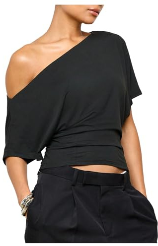SweatyRocks Women's Off The Shoulder Crop Tops Asymmetrical Y2K Going Out Top Dolman Short Sleeve 2026 Summer Trendy Clothes Black Small