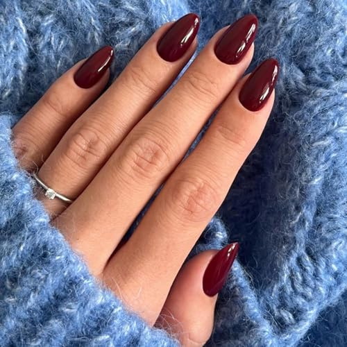 DMQ Burgundy Press on Nails Almond Medium, 24Pcs Wine Red False Nails Oval, Glossy Solid Cherry Red Stiletto Fake Nails with Glue, Natural Stick on Nail for Women Girls Finger Daily Wear
