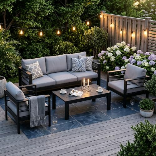 Atenza Gartenmöbel Set 4-teilig, Aluminium Gartenlounge mit Breiten Sitzen | 3-Sitzer-Sofa, 2 Sessel & WPC-Couchtisch, 12 cm Sitz- und 15 cm Rückenkissen, für Terrasse, Balkon, Garten & Wintergarten