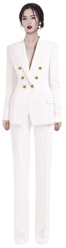 Mrjitor Women's Double Breasted Buttons Suit Office Work Jacket & Pants Set for Party White