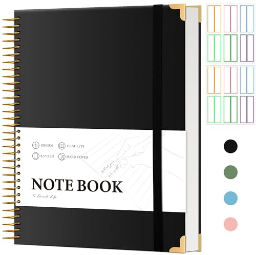 CAGIE Collegeblock A4 Liniert 220 Seiten Spiralgebundene mit Tab Aufklebern | Große, Hardcover, Notizblock Ringbuch, Notizbuch für Arbeit Schule, 21.5 X 27.9 cm, Schwarz