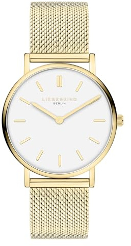 Liebeskind Berlin Damenuhr – Runde Quarzuhr 34 mm – Mesharmband – 5 ATM wasserdicht – Elegant – Gold/Weiß