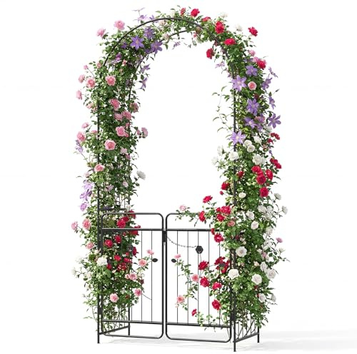 FANTASK Metal Garden Arch, 102 x 49.5 x 223 cm, Sturdy Rose Arch with Door, Trellis Arch with Ground Stakes, Trellis for Wedding, Parties