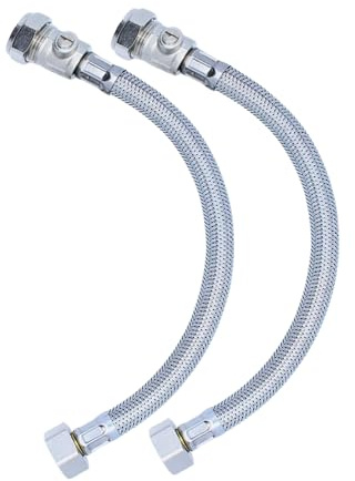 Hulthor 15mm Flexible Hose with Isolation Valve 2-Pack Tap Connector, Braided Plumbing for Toilet 1/2 BSP Thread, Sink, Water, Easy Fit (300mm Long)