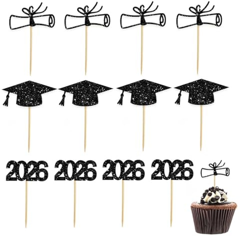 GHPKOTW 12 Stück Kuchen Dekoration,2026 Graduation Cupcake Topper Set,Glitzer Goldene Party Torten Deko,Schwarz Goldene Abschlussfeier Backzubehör für Abschluss Party,Kuchen Spieße