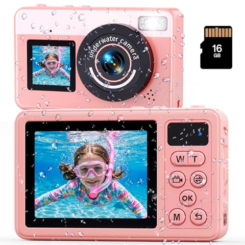 Maxmango D70 Fotocamera Subacquea 4K 48MP, Macchina Fotocamera Impermeabile 10FT per Piscina Spiaggia, Doppio Schermo Autofocus Zoom 18X, Macchina Fotografica Regalo per Ragazzi e Adulti, 16GB, Rosa