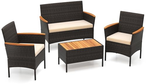 FANTASK Rattan Gartenmöbel Set, Outdoor Lounge Möbel mit 2 Sesseln, Bank, Tisch & Kissen, Sitzgruppe für Balkon, Terrasse & Garten, ideal für kleinen Balkon