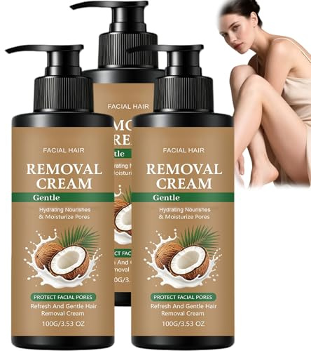 3Stück - Crema depilatoria per il viso con olio di cocco per le donne, morbida rimozione dei peli del viso, crema depilatoria per il mento superiore del labbro, acido ialuronico idratante lenitivo
