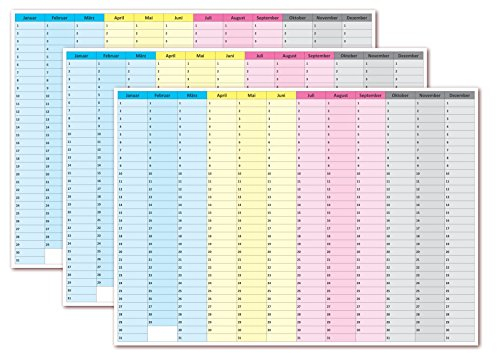 3 Stück Wandkalender immerwährend nass abwischbar Jahresplaner Dauerkalender im DIN B2 Format 70x50 cm, durch sein zeitloses Layout ist der Kalender jedes Jahr wieder verwendbar - ewiger jahresunabhängiger Kalender