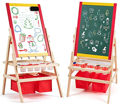 COSTWAY 3 in 1 Kinder Staffelei, Whiteboard & Kreidetafel & Roll Zeichenpapier, Kindertafel doppelseitig, Standtafel, Spieltafel, Holztafel, inkl. 2 Aufbewahrungsboxen und Zubehör