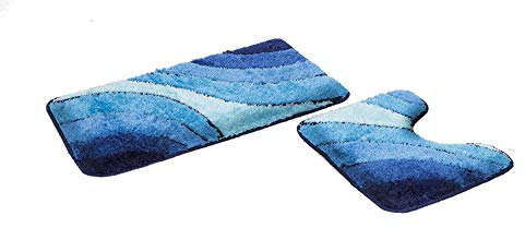 S&S-Shop Badematte Set | Blau | Wave | mit Ausschnitt | 2 teilig | rutschfest | WC-Vorleger 50 x 45 cm | Badvorleger 50 x 90 cm | Badteppich | Teppich | Bad | Badezimmer