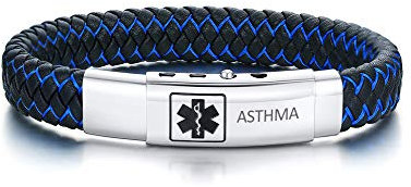 XUANPAI ASTHMA Handmade Braided Bangle Verstellbarer Knopf Leder Notfall Medizinisch Alert ID Armbänder für Männer