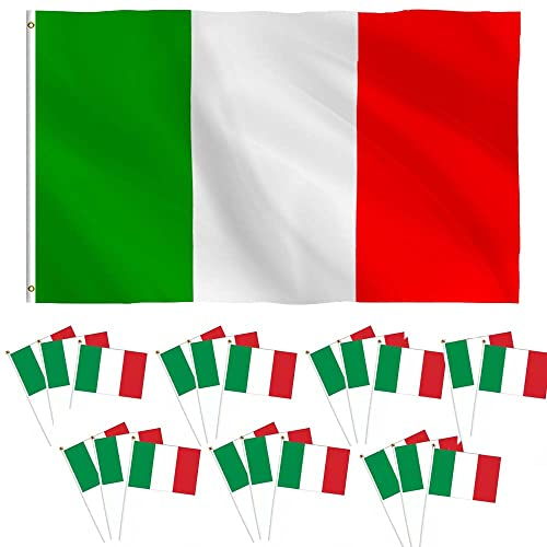 90 X 150 cm Bandiere Italiane + 20 Pezzi 21,5x 14 Cm Italia Sventolando a Mano Bandiere Italiane per Festa Nazionale, Feste, Sfilate, Giochi di Calcio, Feste Bandiere Giardino Sport Decorazione