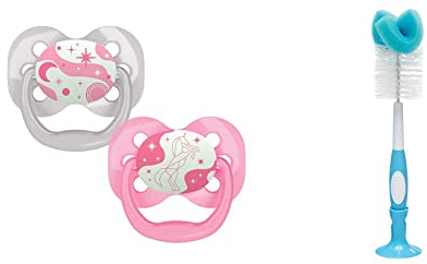 Dr. Brown's Advantage Glow in The Dark Soother - Pink, Stage 1 (0-6 months) 2 pack & Dr. Brown's Bottle and Teat Brush